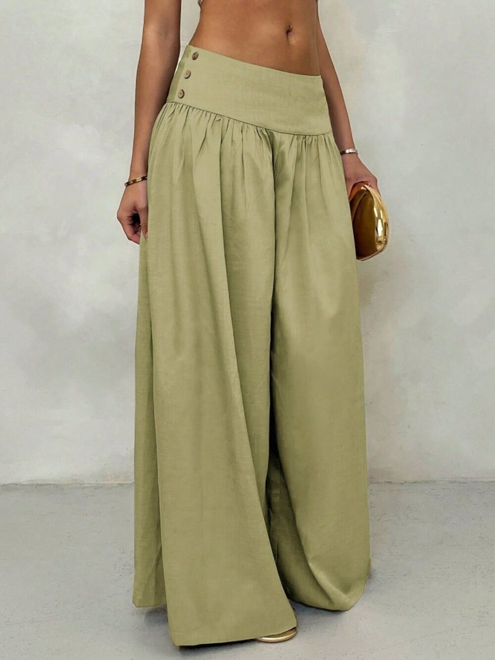 Green Casual Women's Low Waist Wide Leg Pants